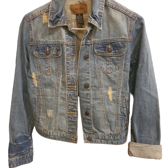 Jean jacket denim Light Wash Distressed By ZCO Jeans 100% Cotton Strechy Medium - Picture 5 of 6